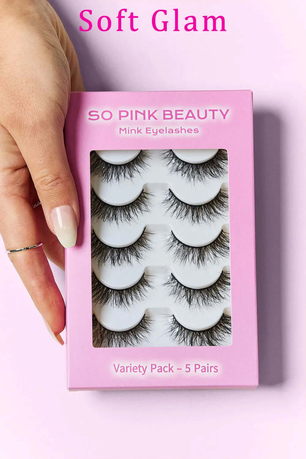 SO PINK BEAUTY Mink Eyelashes variety pack showcasing 5 pairs of luxurious lashes for a glamorous look.