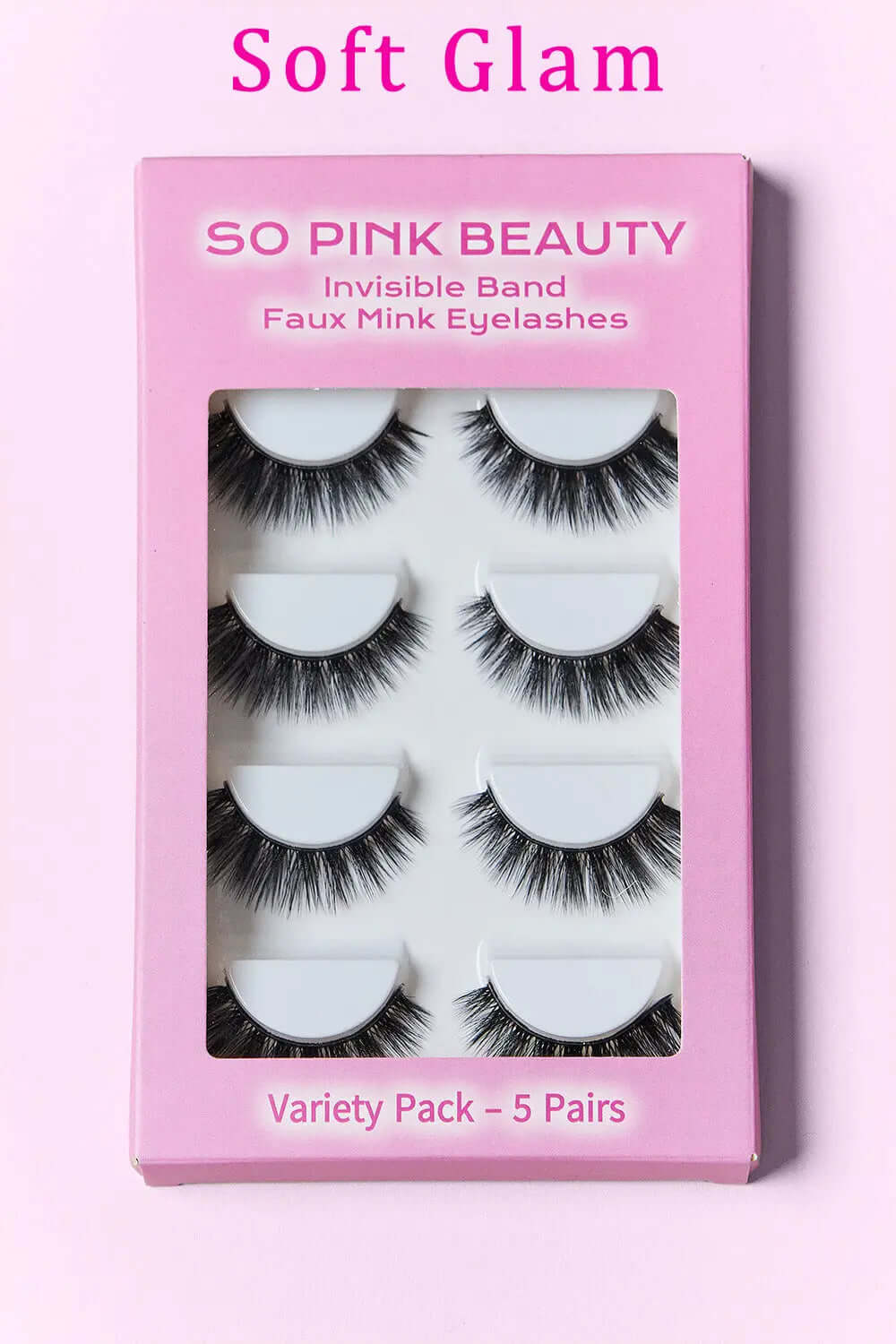 SO PINK BEAUTY Mink Eyelashes 5 Pairs in Soft Glam variety pack with invisible band for a natural look.