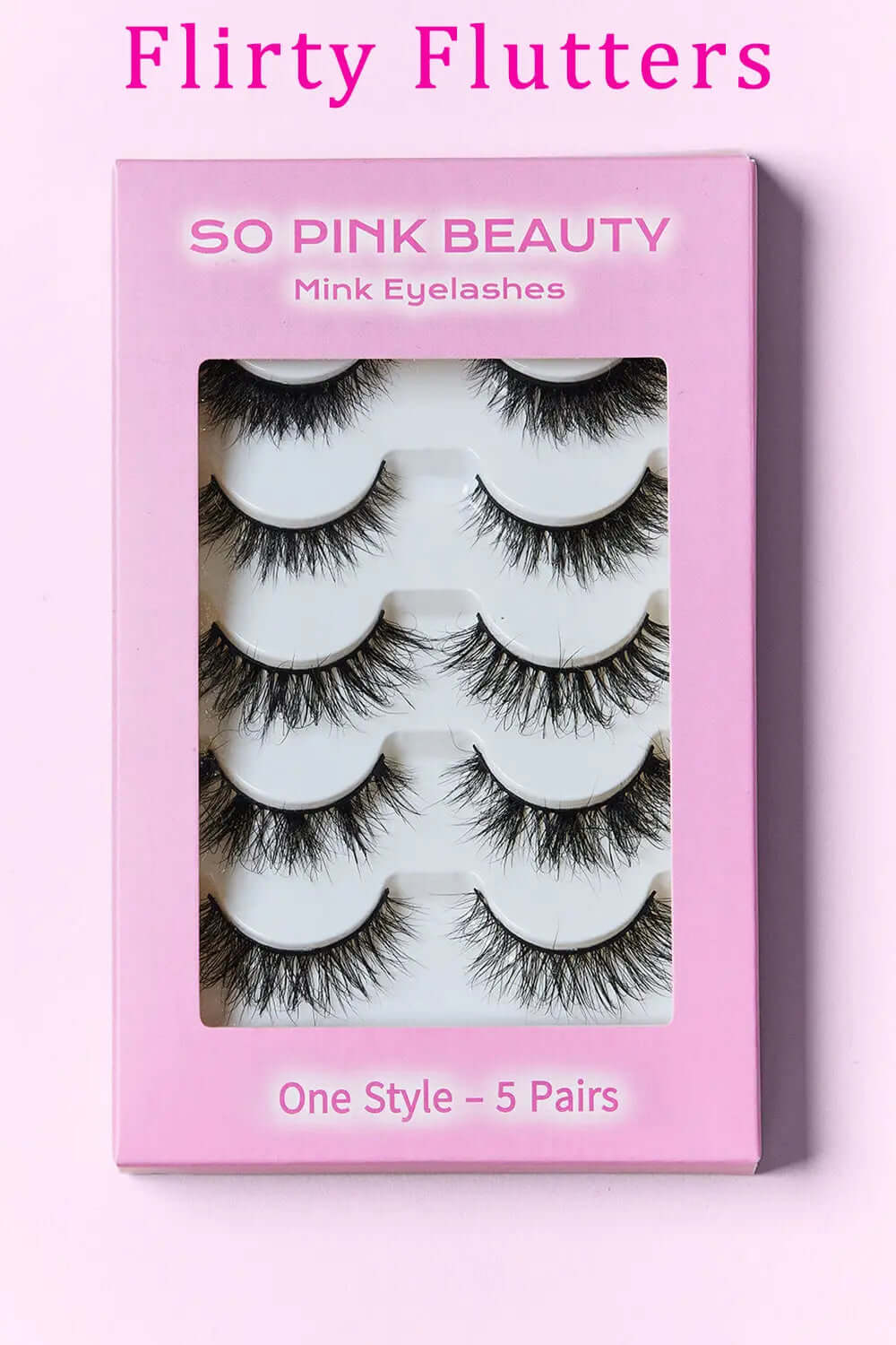 SO PINK BEAUTY Mink Eyelashes 5 Pairs in Flirty Flutters packaging, showcasing luxurious and glamorous lash styles.