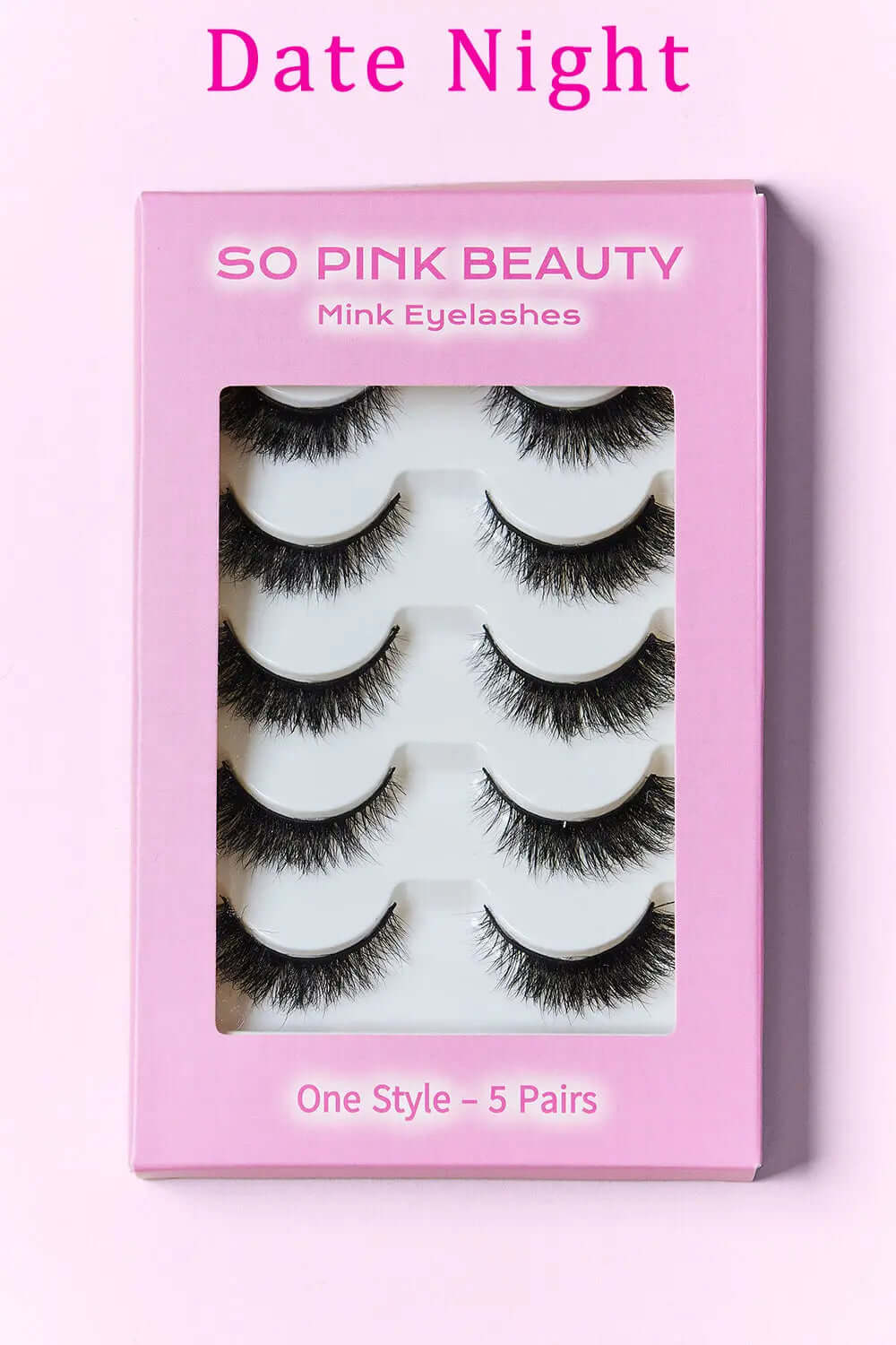 SO PINK BEAUTY Mink Eyelashes 5 Pairs in elegant packaging for Date Night glam. Luxurious lashes for a stunning look.
