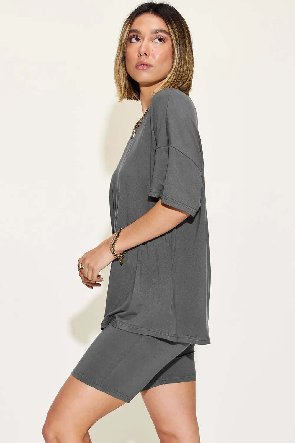 Basic Bae Full Size V-Neck Drop Shoulder T-Shirt and Shorts Set Trendsi