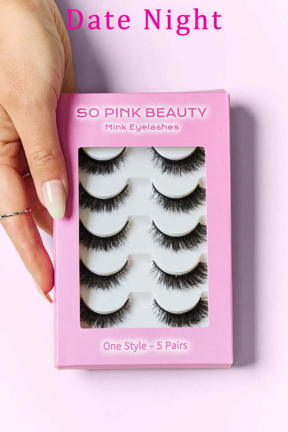 SO PINK BEAUTY Mink Eyelashes 5 Pairs in pink packaging, perfect for a glamorous date night look.