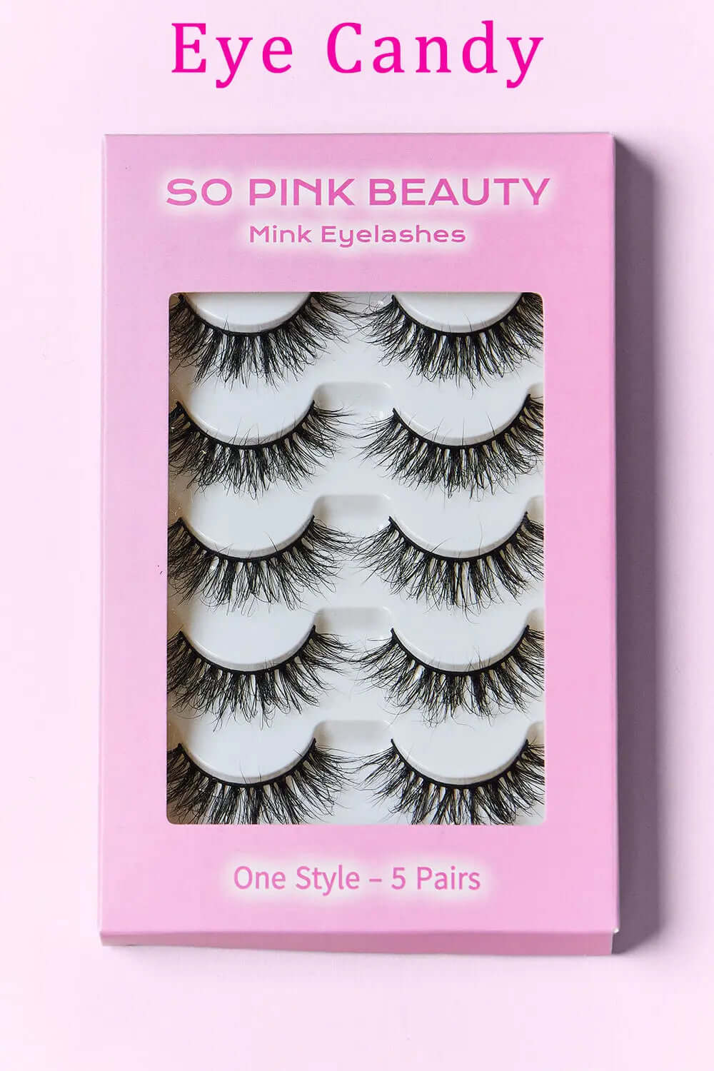 SO PINK BEAUTY Mink Eyelashes 5 Pairs in elegant packaging, showcasing luxurious styles for a glamorous look.