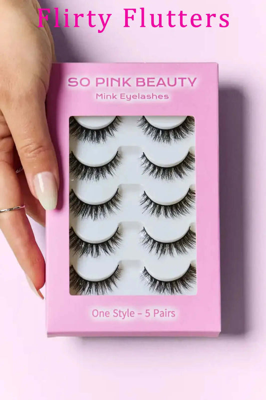 SO PINK BEAUTY Mink Eyelashes 5 Pairs in stylish packaging, showcasing luxurious fluff and volume for glamorous looks.