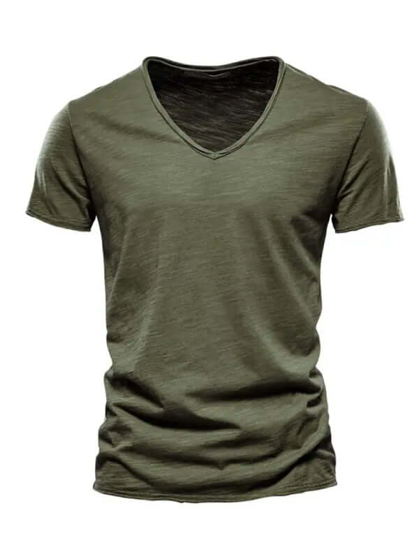 Men's New Solid Color Slub Cotton V-Neck Short Sleeve T-Shirt kakaclo