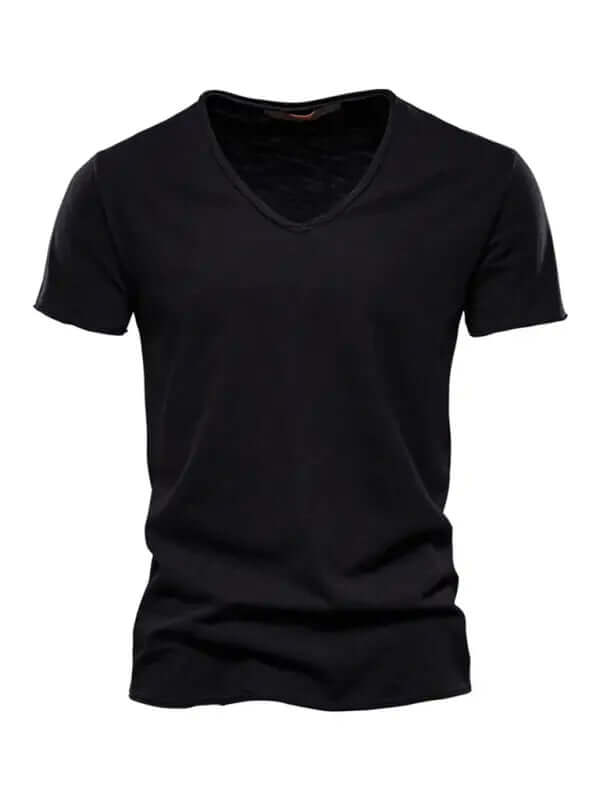 Men's New Solid Color Slub Cotton V-Neck Short Sleeve T-Shirt kakaclo