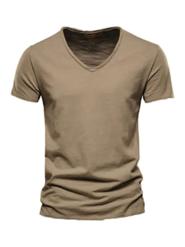 Men's New Solid Color Slub Cotton V-Neck Short Sleeve T-Shirt kakaclo