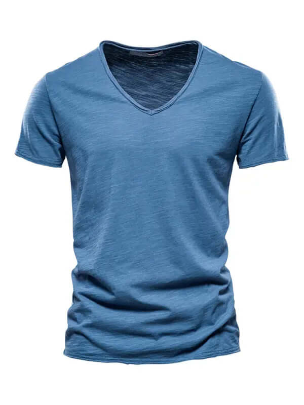 Men's New Solid Color Slub Cotton V-Neck Short Sleeve T-Shirt kakaclo