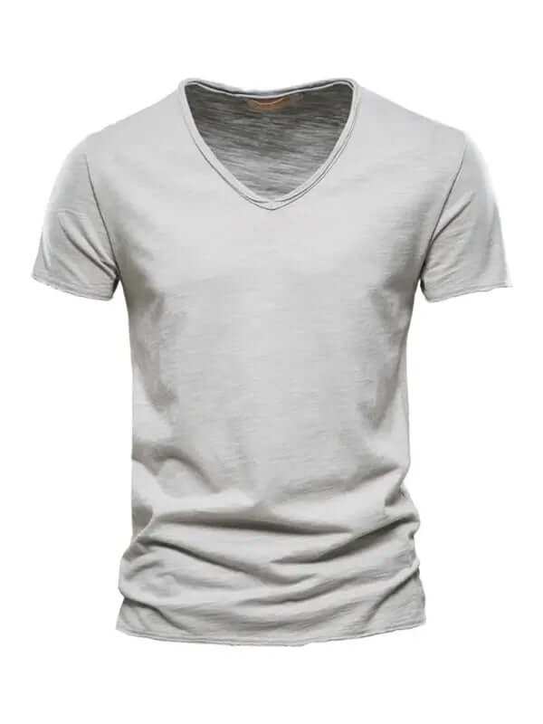 Men's New Solid Color Slub Cotton V-Neck Short Sleeve T-Shirt kakaclo