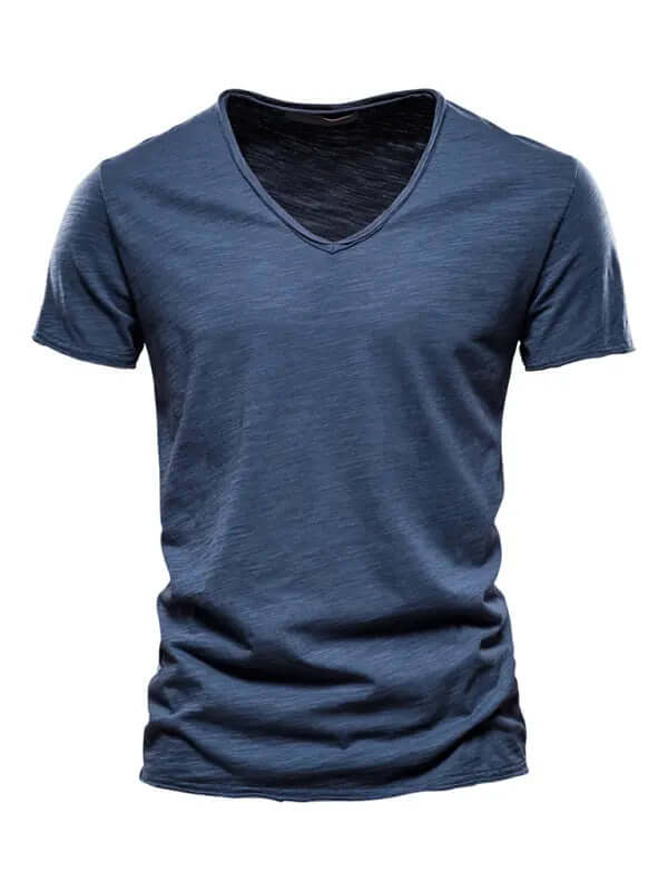 Men's New Solid Color Slub Cotton V-Neck Short Sleeve T-Shirt kakaclo