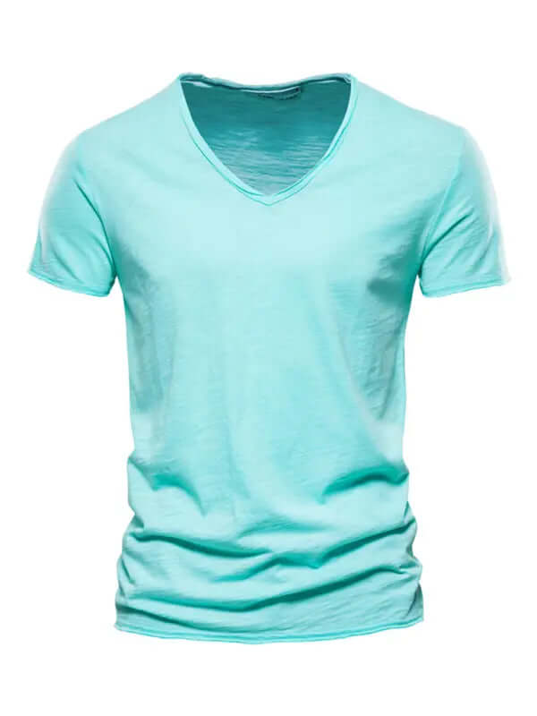 Men's New Solid Color Slub Cotton V-Neck Short Sleeve T-Shirt kakaclo