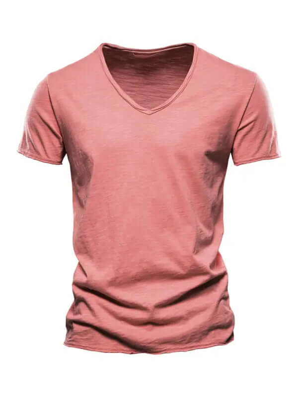 Men's New Solid Color Slub Cotton V-Neck Short Sleeve T-Shirt kakaclo