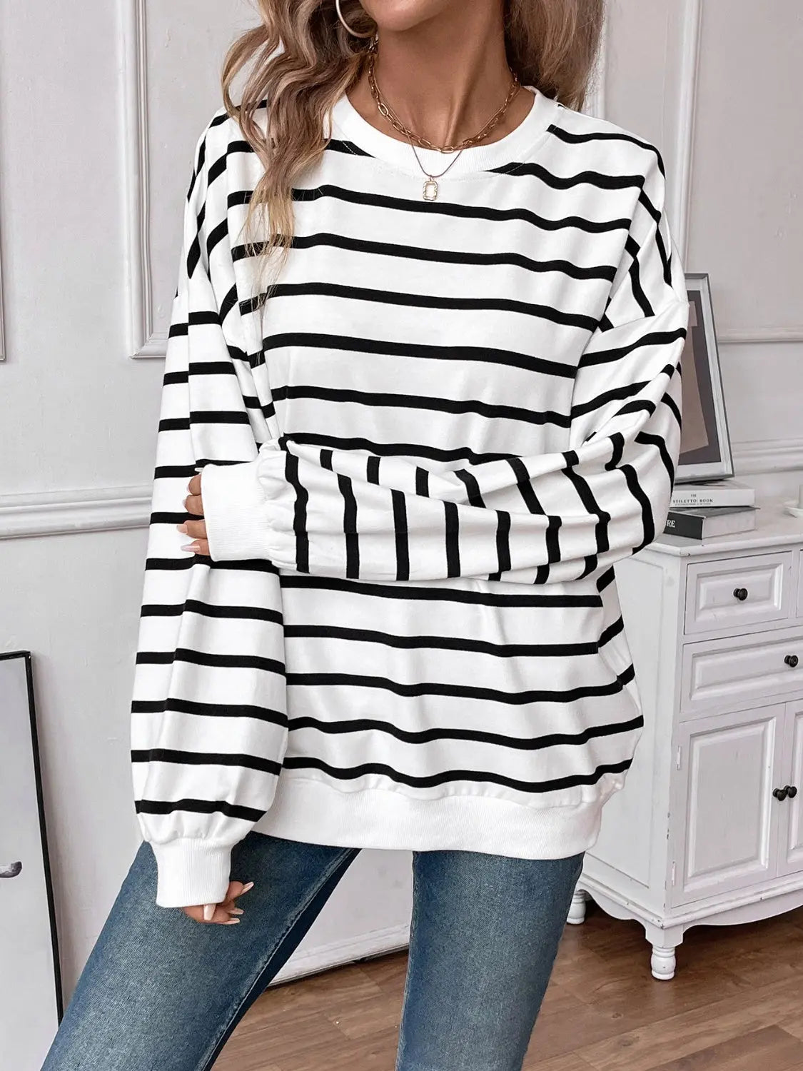 Striped Round Neck Long Sleeve Sweatshirt Trendsi