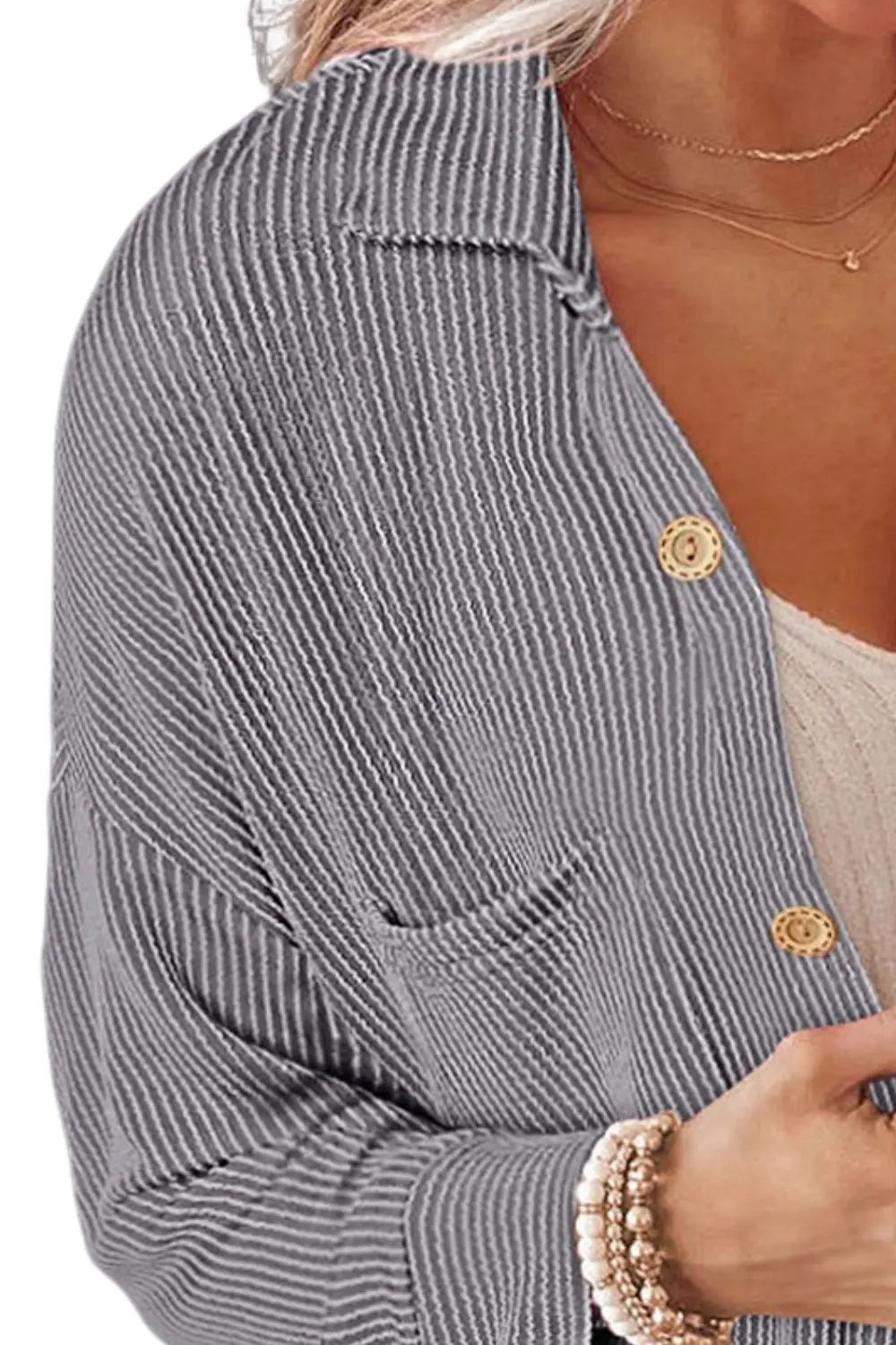 Striped Collared Neck Long Sleeve Shirt Trendsi