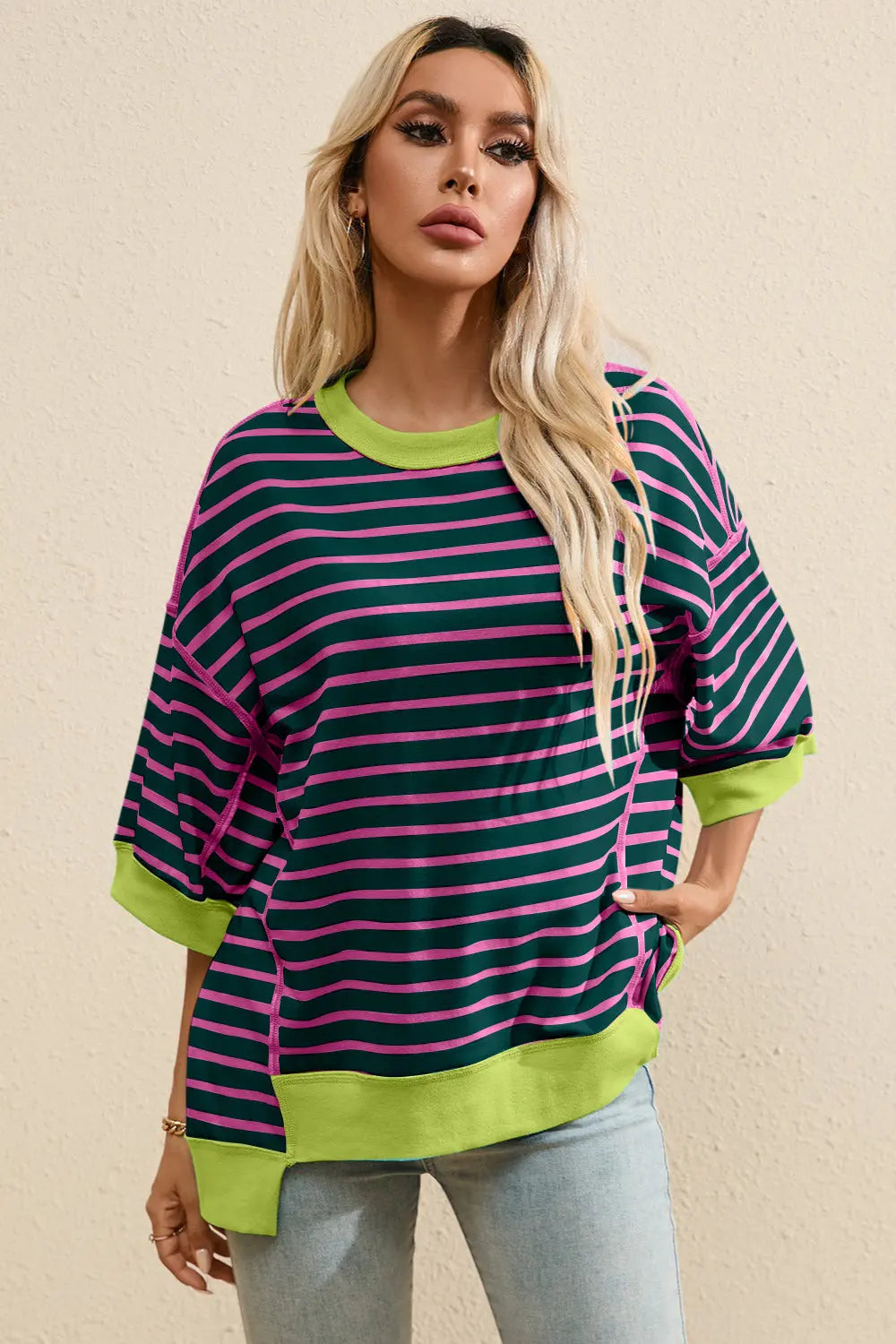 Striped Round Neck Half Sleeve T-Shirt Trendsi