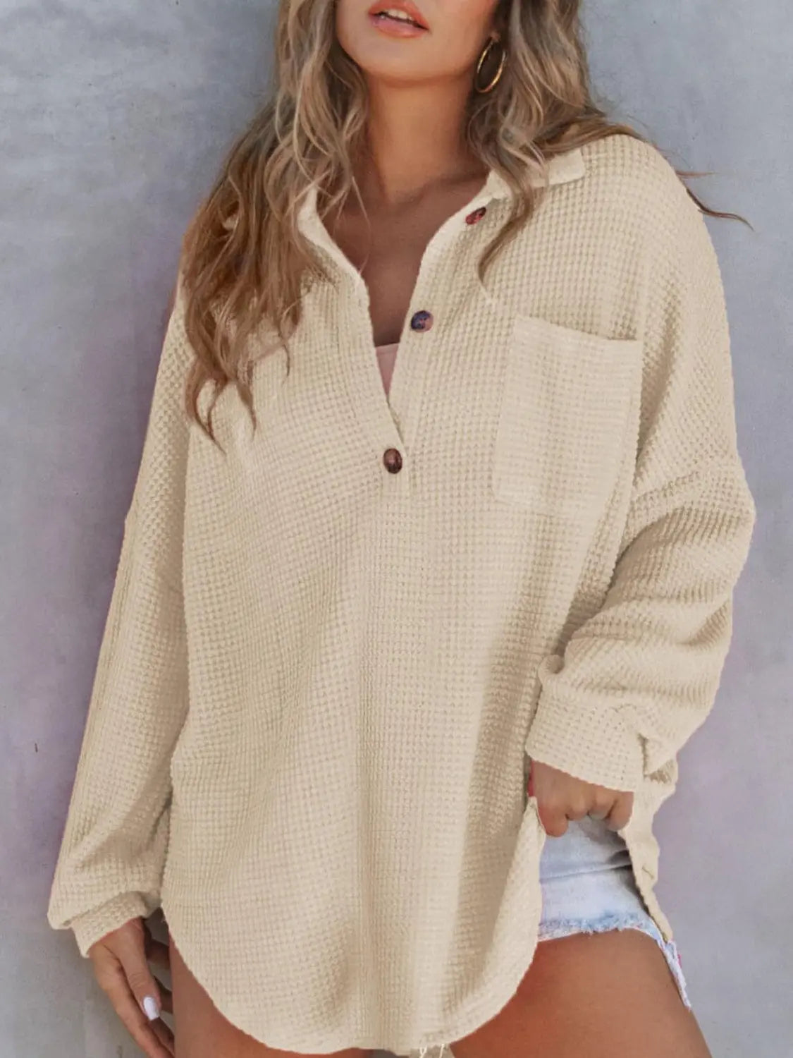 Waffle-Knit Dropped Shoulder Long Sleeve Sweatshirt Trendsi