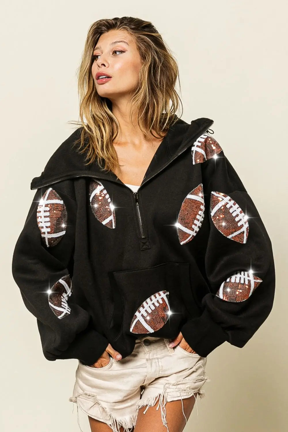 BiBi Sequin Football Half Zip Hoodie Trendsi