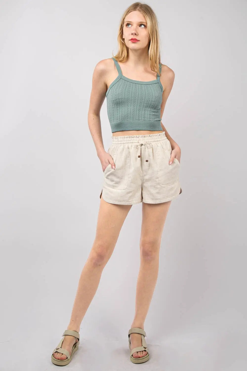 VERY J Drawstring Elastic Waist Linen Shorts Trendsi