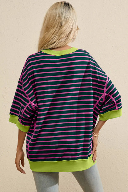 Striped Round Neck Half Sleeve T-Shirt Trendsi