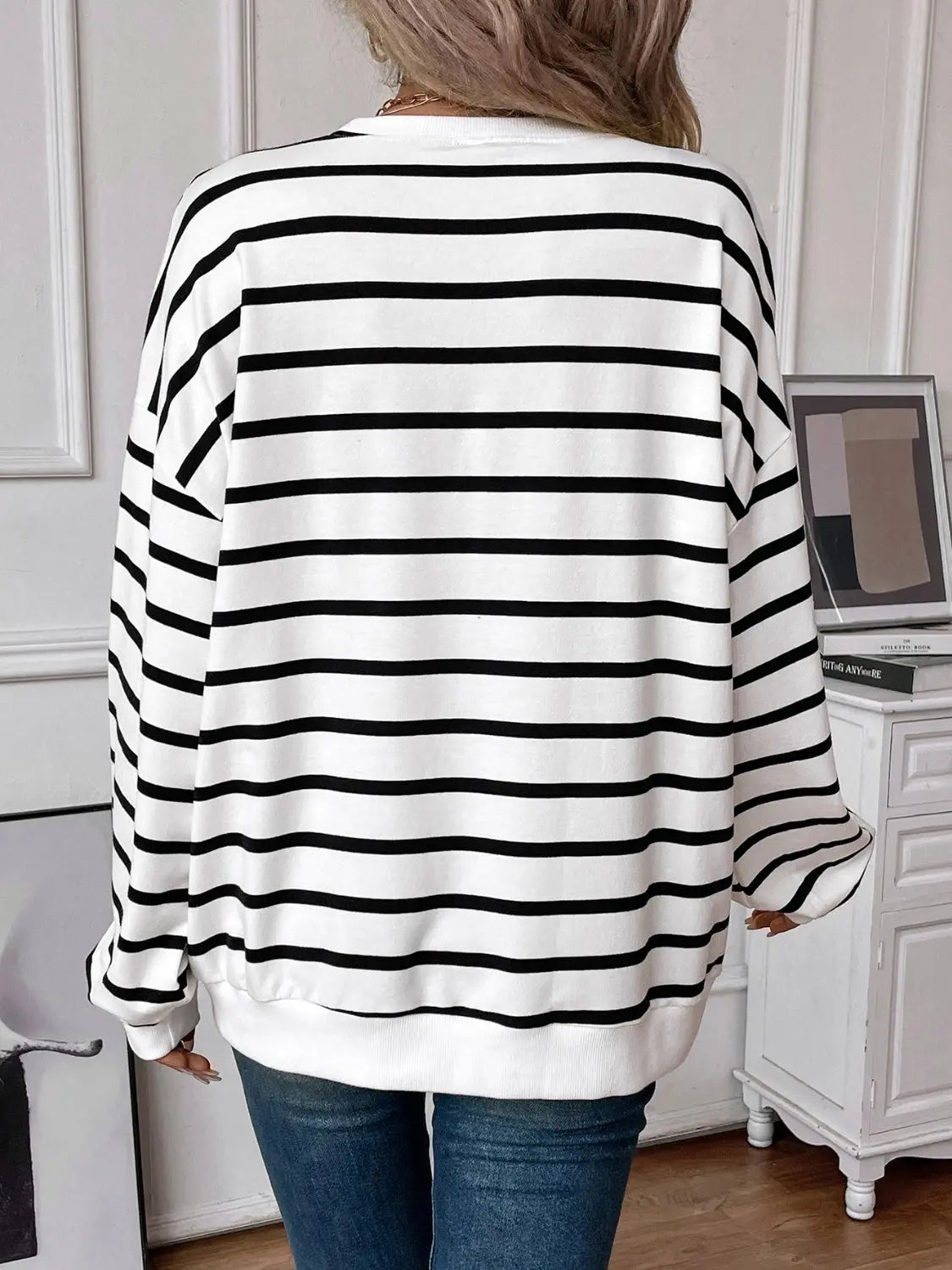 Striped Round Neck Long Sleeve Sweatshirt Trendsi