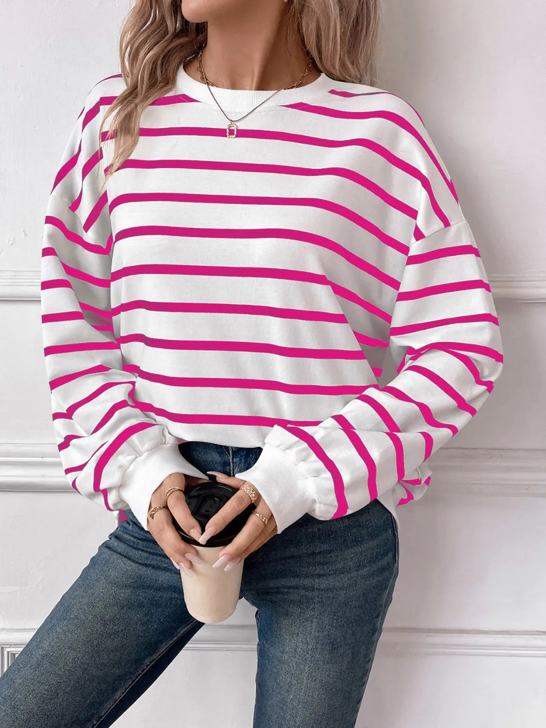 Striped Round Neck Long Sleeve Sweatshirt Trendsi