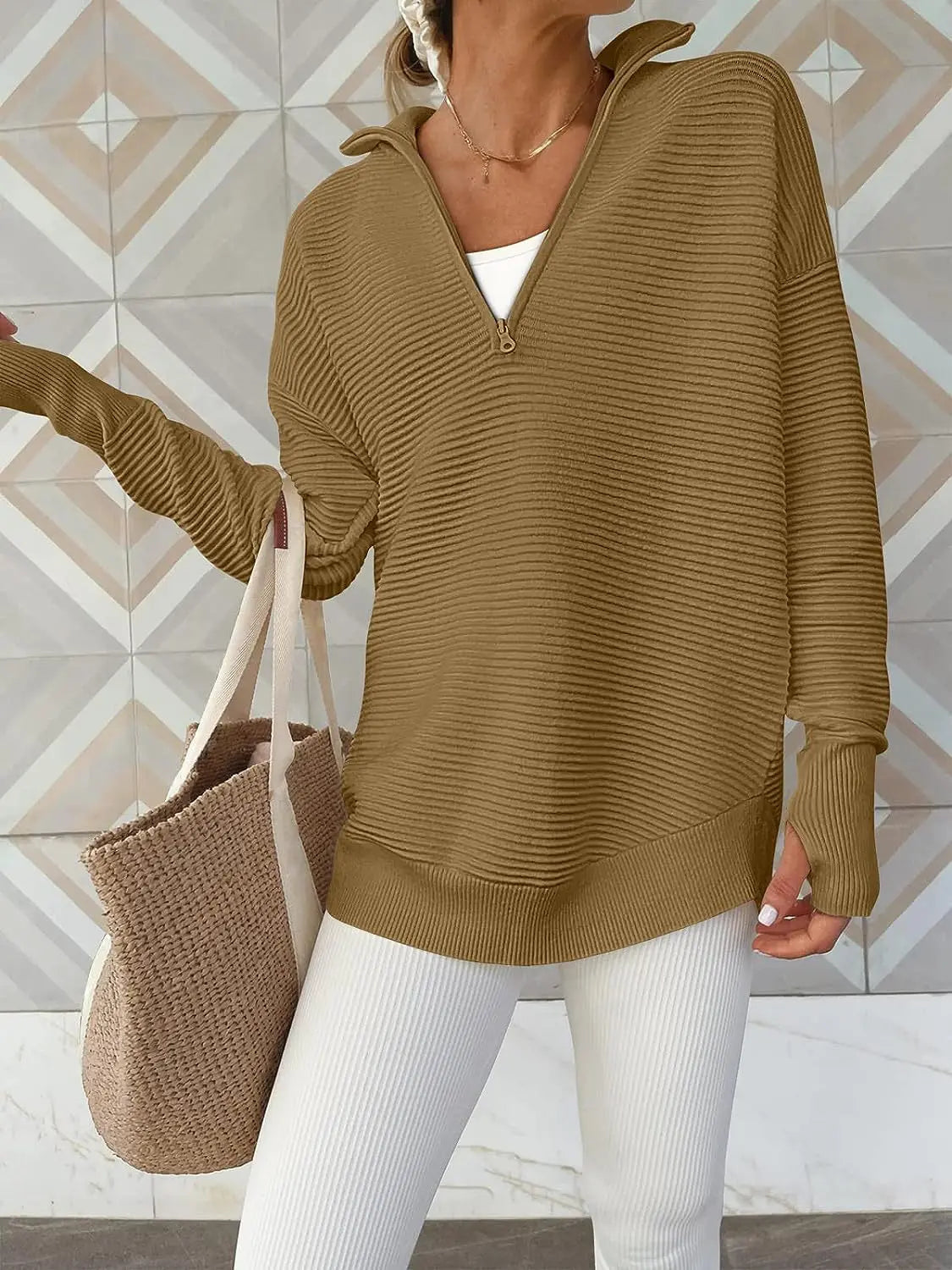 Half Zip Long Sleeve Knit Top Trendsi