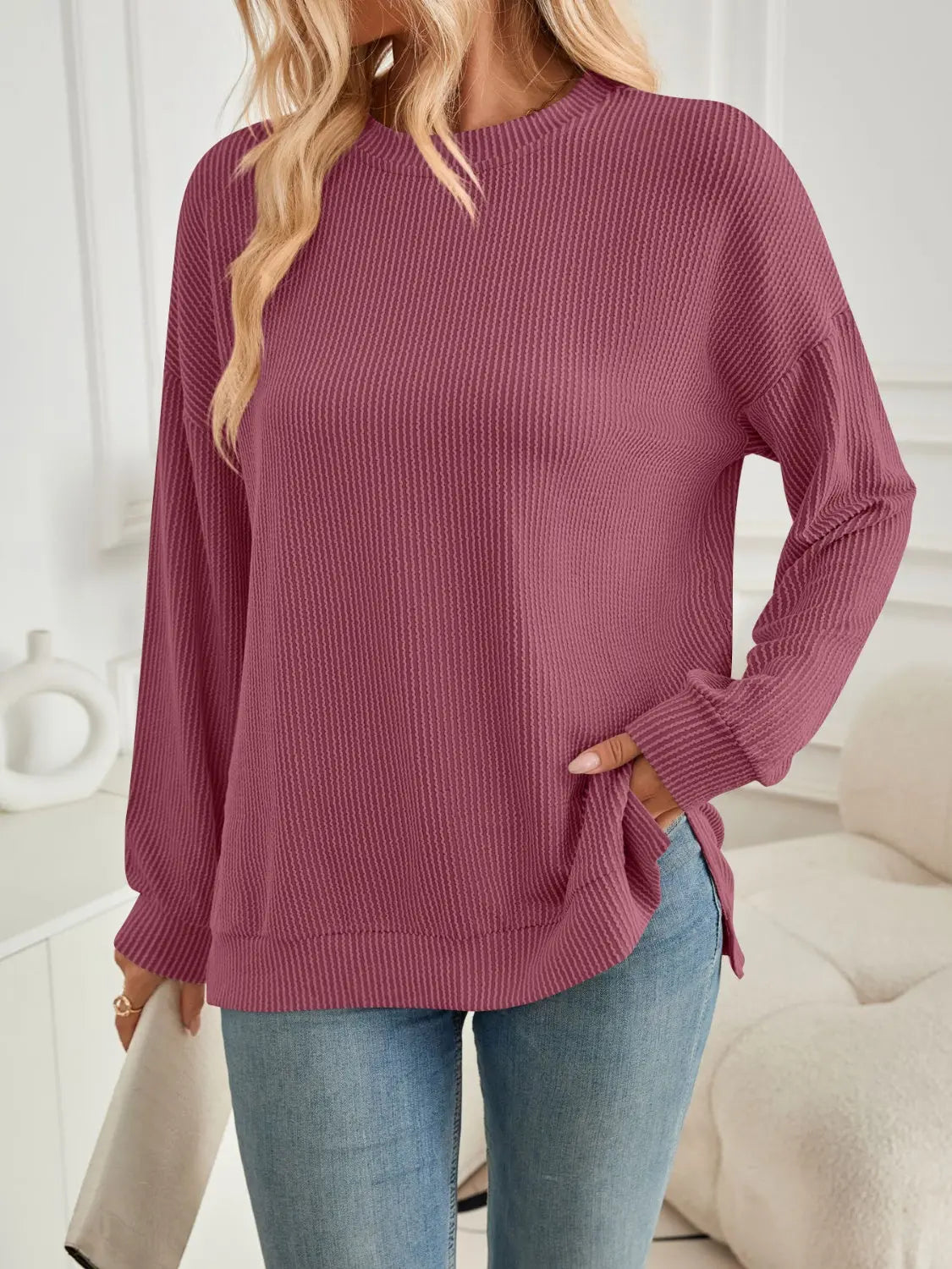 Slit Round Neck Long Sleeve Sweatshirt Trendsi