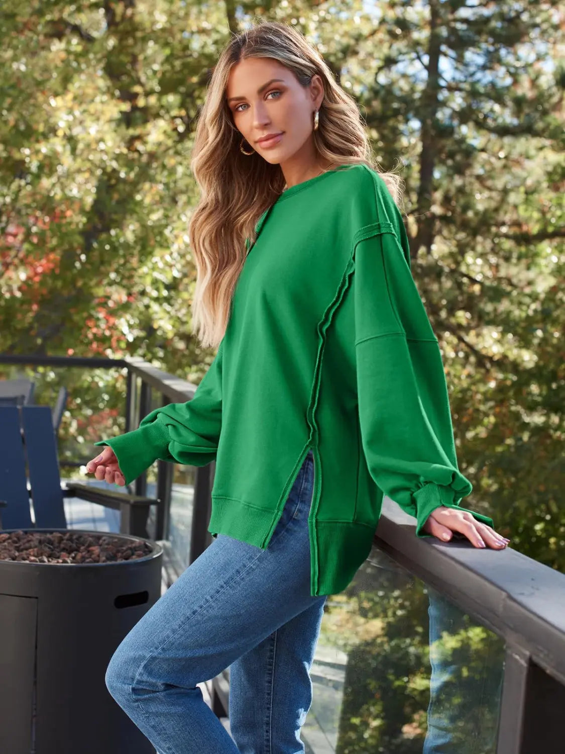 Slit Round Neck Long Sleeve Sweatshirt Trendsi