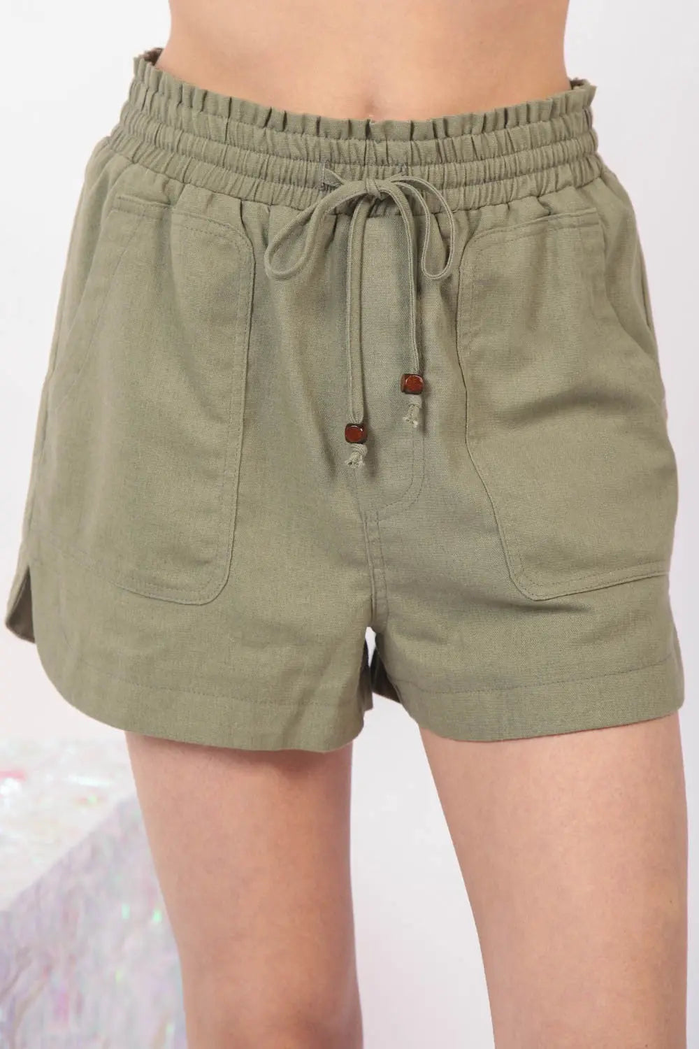 VERY J Drawstring Elastic Waist Linen Shorts Trendsi