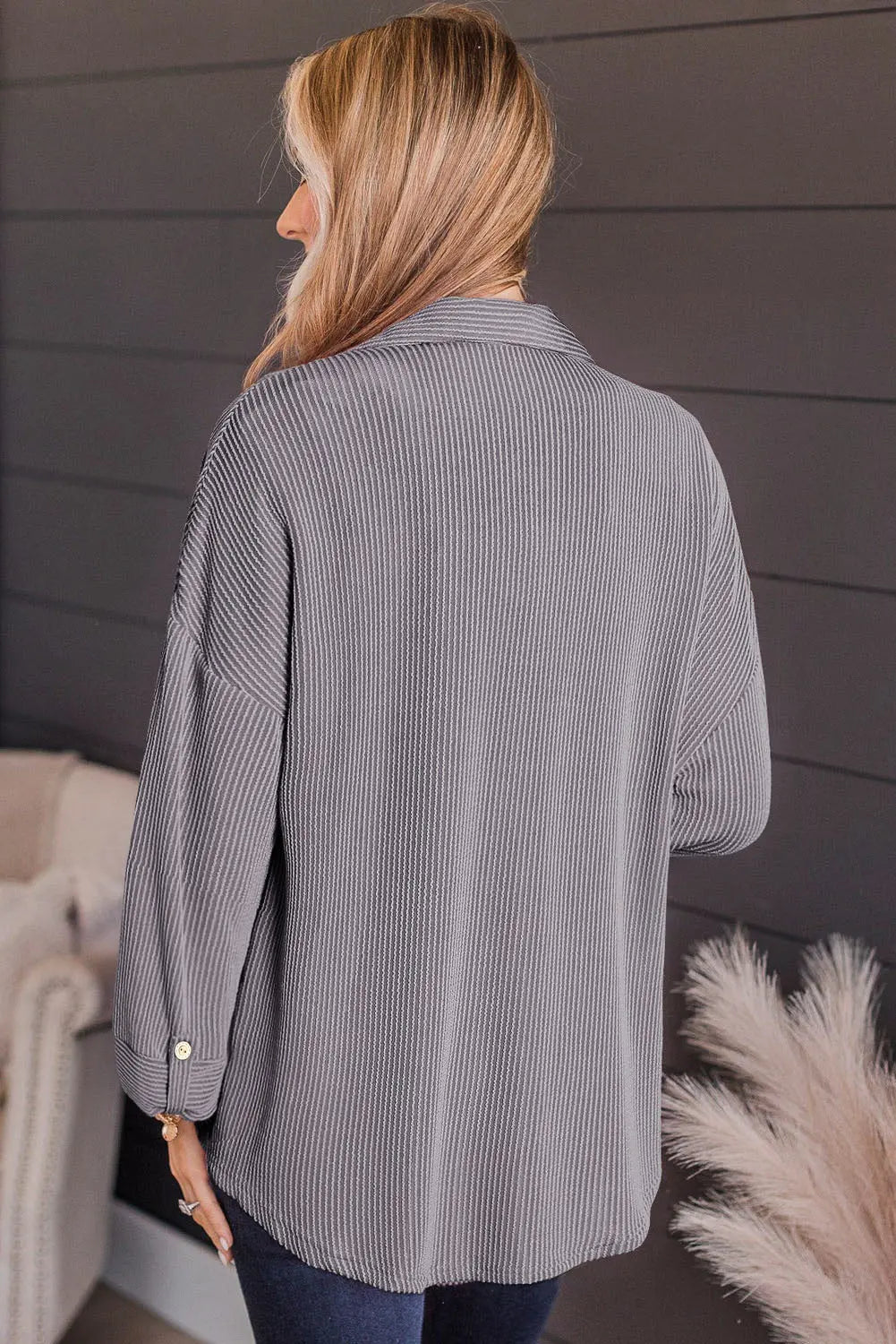 Striped Collared Neck Long Sleeve Shirt Trendsi