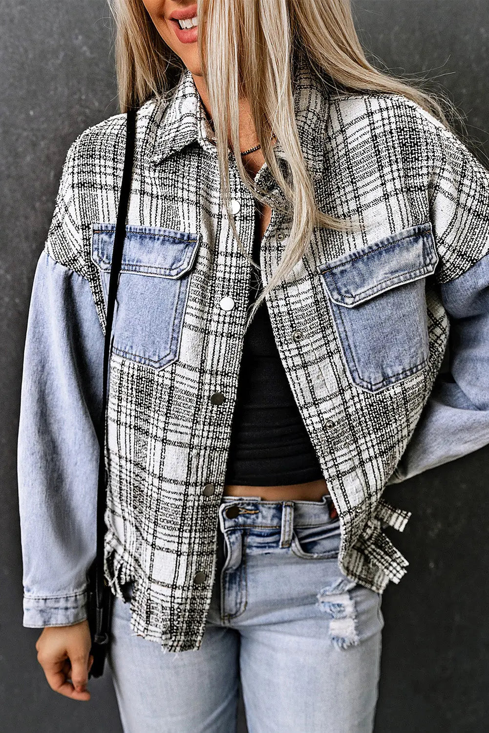 Plaid Pocketed Snap Down Denim Jacket Trendsi