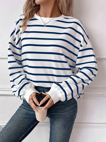 Striped Round Neck Long Sleeve Sweatshirt Trendsi