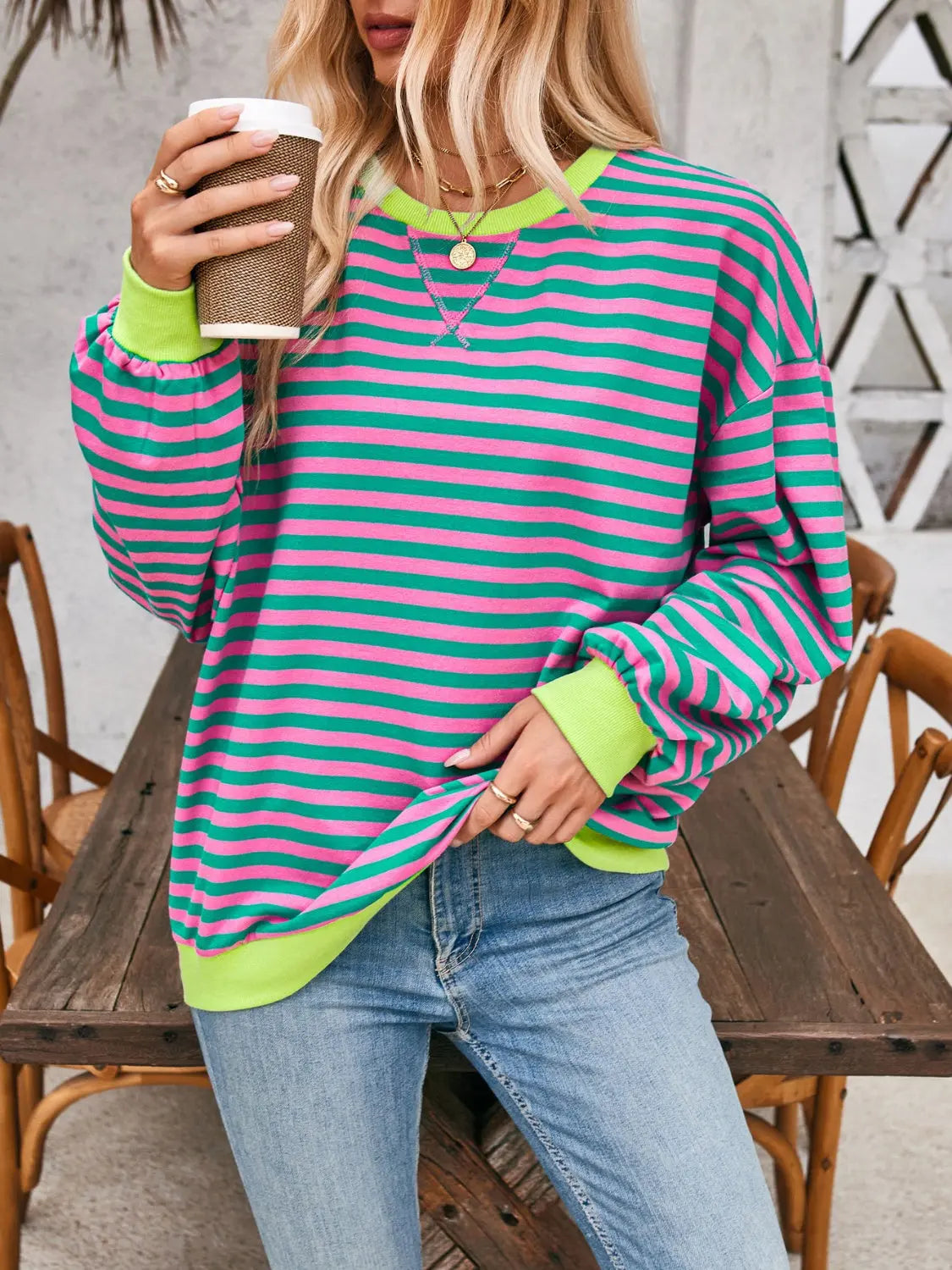 Contrast Striped Long Sleeve Sweatshirt Trendsi