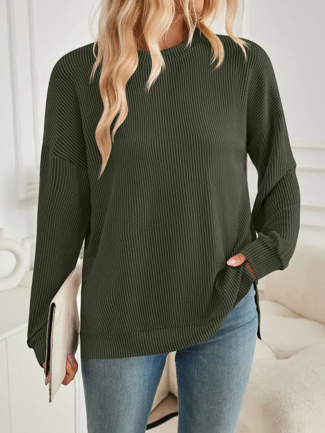 Slit Round Neck Long Sleeve Sweatshirt Trendsi