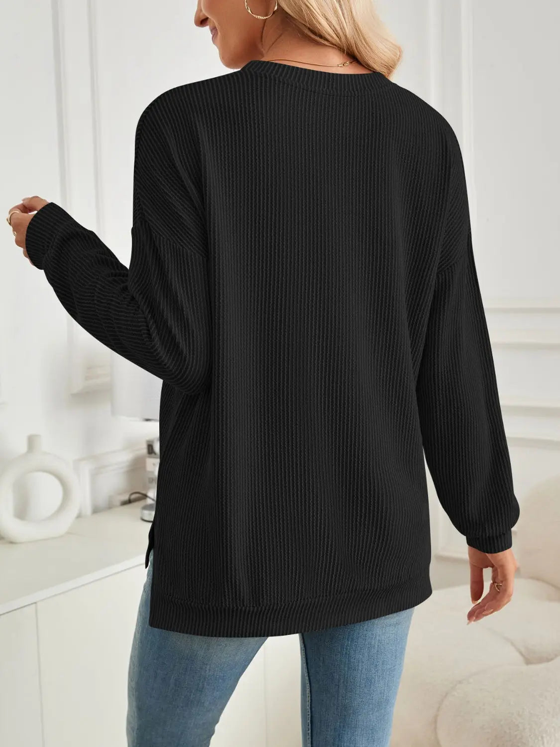 Slit Round Neck Long Sleeve Sweatshirt Trendsi