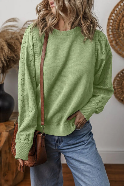 Eyelet Round Neck Long Sleeve Sweatshirt Trendsi