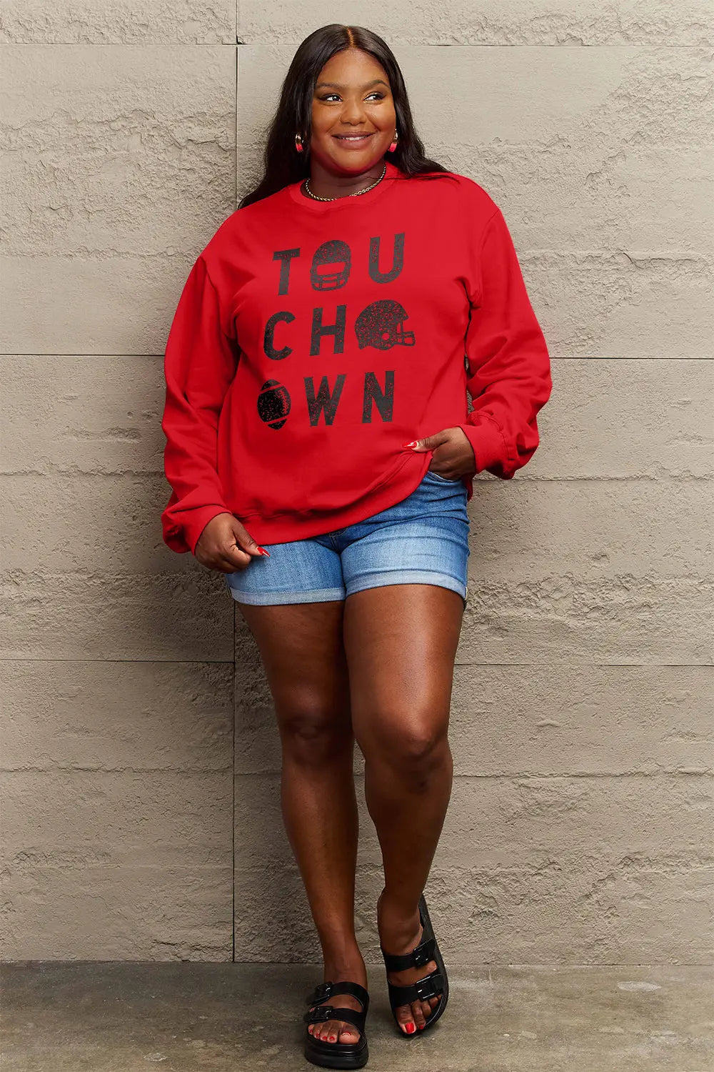 Simply Love Full Size TOUCHDOWN Long Sleeve Sweatshirt Trendsi