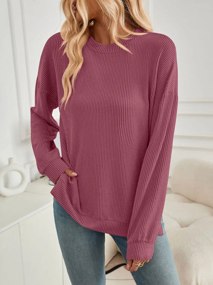 Slit Round Neck Long Sleeve Sweatshirt Trendsi