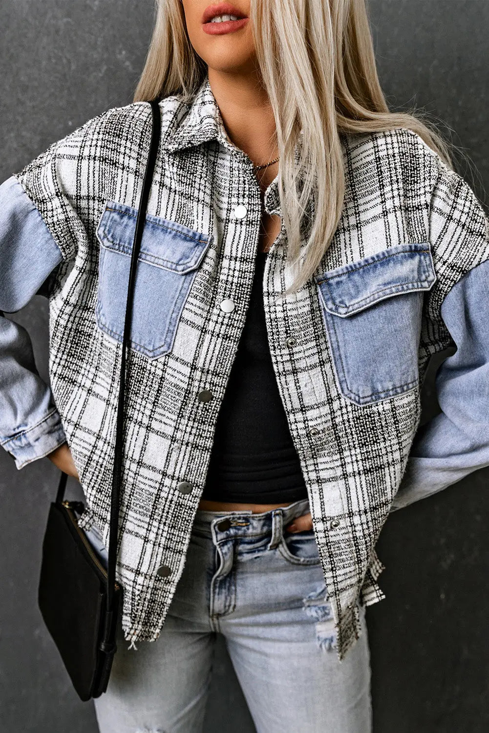 Plaid Pocketed Snap Down Denim Jacket Trendsi