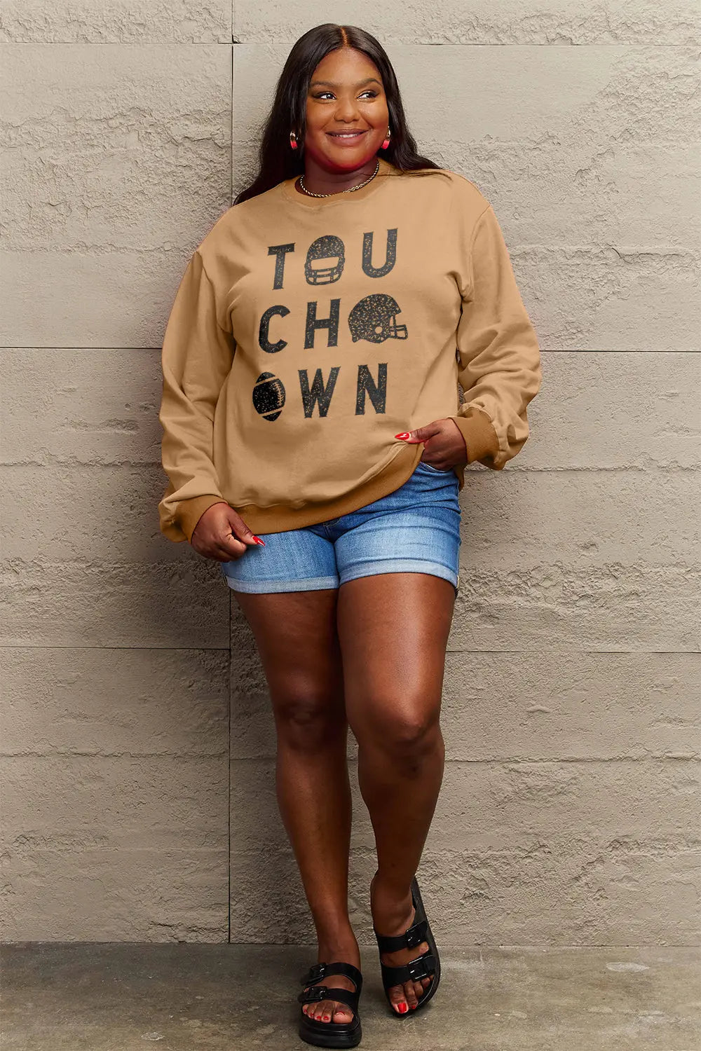 Simply Love Full Size TOUCHDOWN Long Sleeve Sweatshirt Trendsi