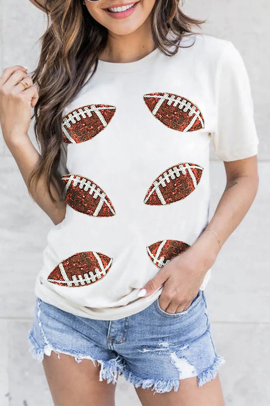 Sequin Football Round Neck Short Sleeve T-Shirt Trendsi