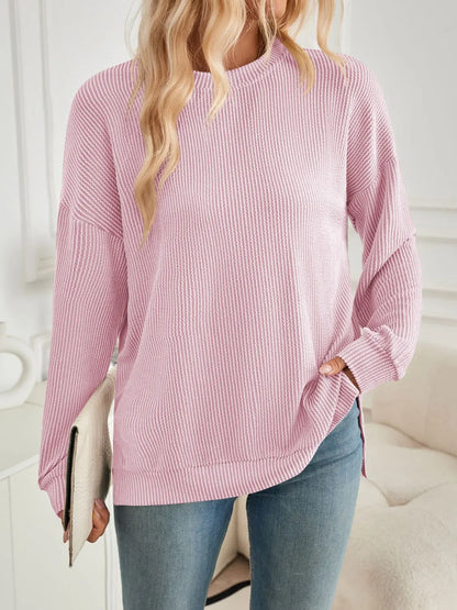 Slit Round Neck Long Sleeve Sweatshirt Trendsi