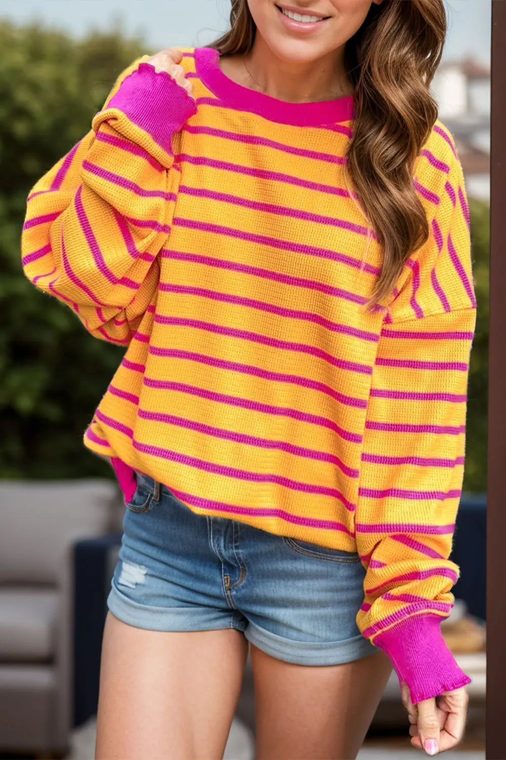 Striped Round Neck Long Sleeve Sweater Trendsi