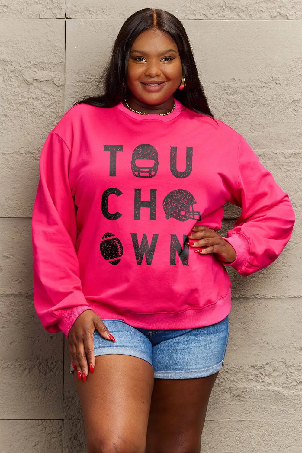 Simply Love Full Size TOUCHDOWN Long Sleeve Sweatshirt Trendsi