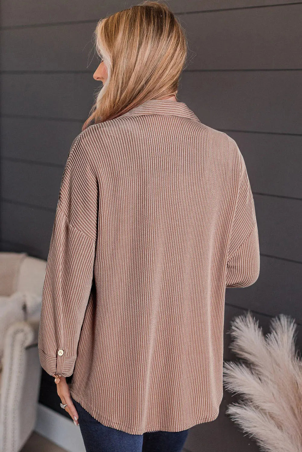 Striped Collared Neck Long Sleeve Shirt Trendsi