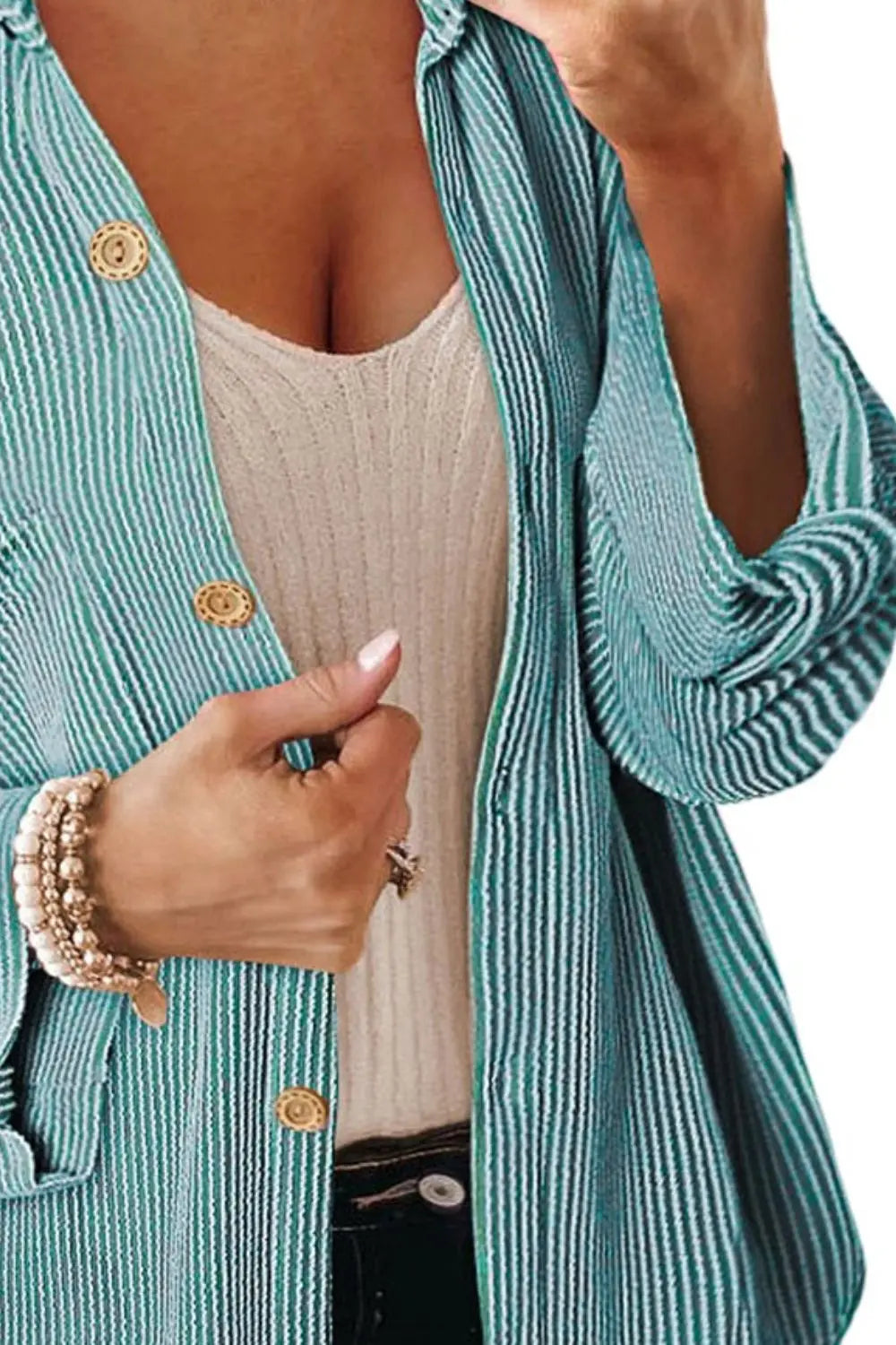 Striped Collared Neck Long Sleeve Shirt Trendsi