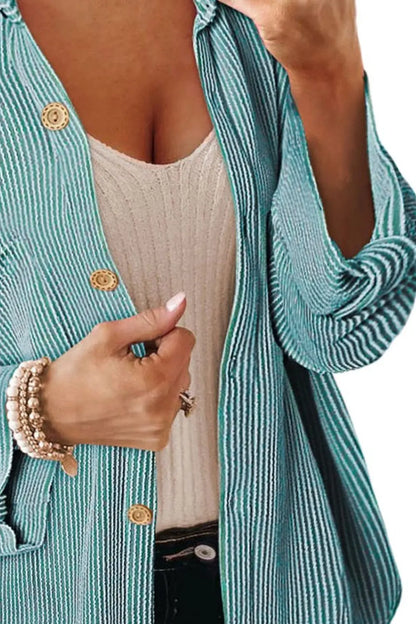 Striped Collared Neck Long Sleeve Shirt Trendsi