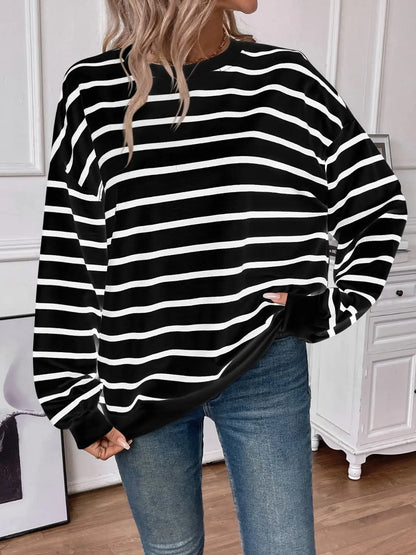 Striped Round Neck Long Sleeve Sweatshirt Trendsi