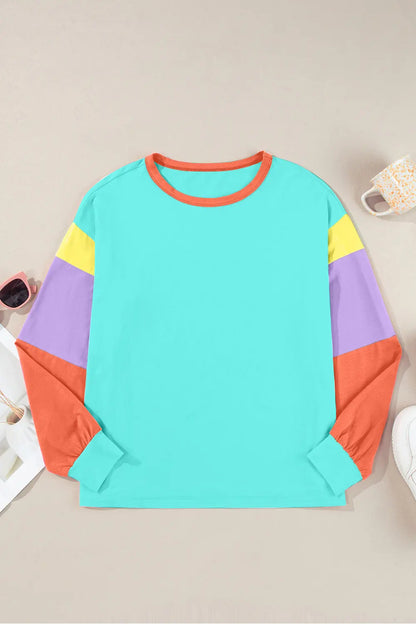 Color Block Round Neck Long Sleeve Top Trendsi