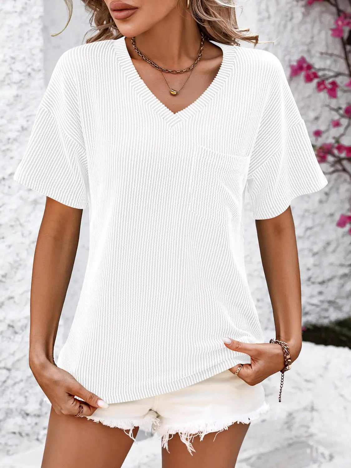 V-Neck Dropped Shoulder T-Shirt Trendsi